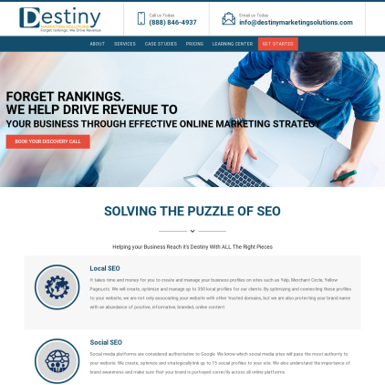 A detailed screenshot showcasing the homepage of destinymarketingsolutions.com, highlighting its main features and design elements.