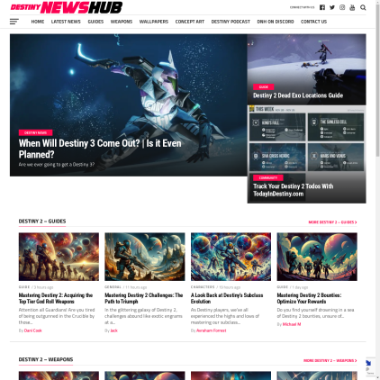 A detailed screenshot showcasing the homepage of destinynewshub.com, highlighting its main features and design elements.