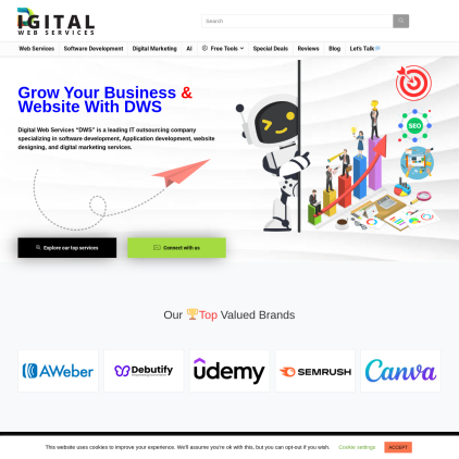A detailed screenshot showcasing the homepage of digital-web-services.com, highlighting its main features and design elements.