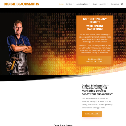A detailed screenshot showcasing the homepage of digitalblacksmiths.io, highlighting its main features and design elements.