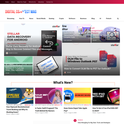 A detailed screenshot showcasing the homepage of digitalconnectmag.com, highlighting its main features and design elements.