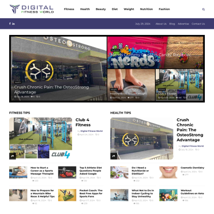 A detailed screenshot showcasing the homepage of digitalfitnessworld.com, highlighting its main features and design elements.