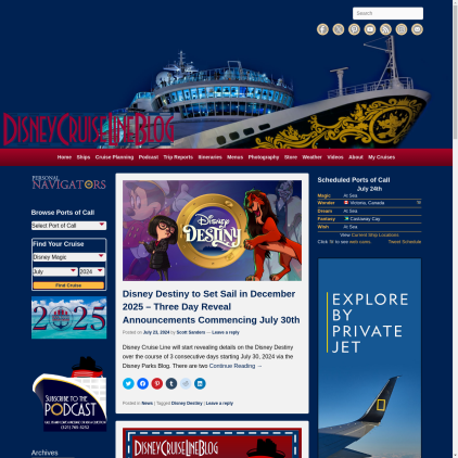 A detailed screenshot showcasing the homepage of disneycruiselineblog.com, highlighting its main features and design elements.