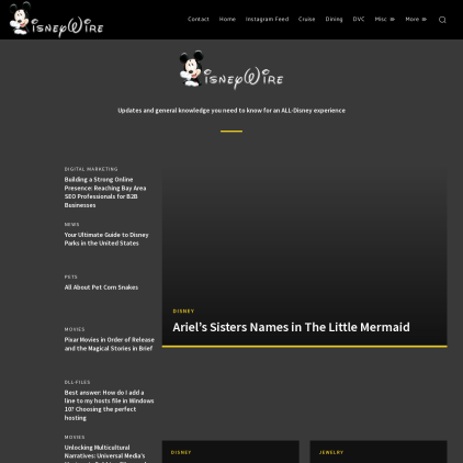 A detailed screenshot showcasing the homepage of disneywire.com, highlighting its main features and design elements.