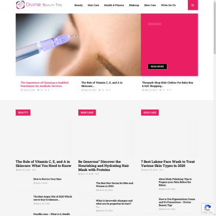 A detailed screenshot showcasing the homepage of divinebeautytips.com, highlighting its main features and design elements.