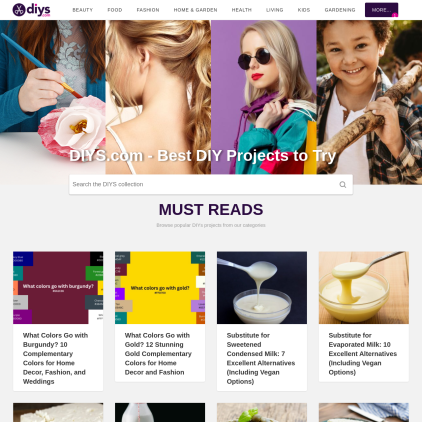 A detailed screenshot showcasing the homepage of diys.com, highlighting its main features and design elements.