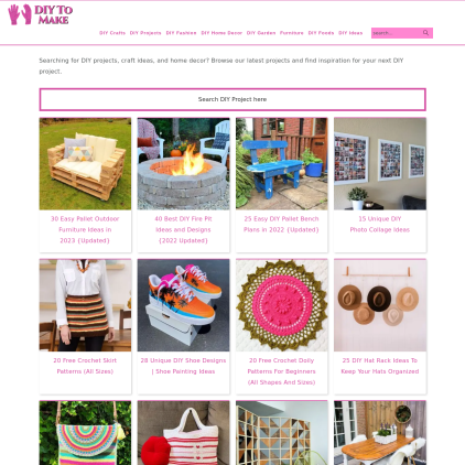 A detailed screenshot showcasing the homepage of diytomake.com, highlighting its main features and design elements.