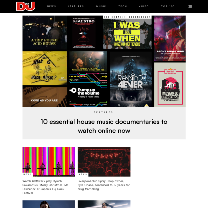 A detailed screenshot showcasing the homepage of djmag.com, highlighting its main features and design elements.