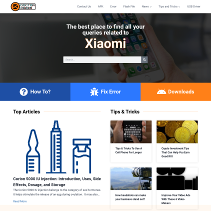 A detailed screenshot showcasing the homepage of doctorxiaomi.com, highlighting its main features and design elements.