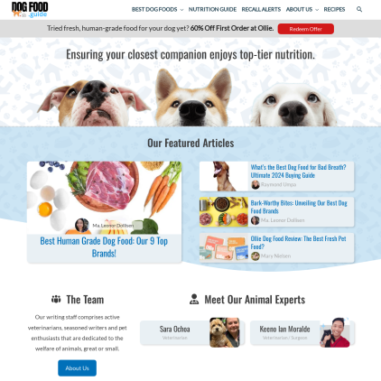 A detailed screenshot showcasing the homepage of dogfood.guide, highlighting its main features and design elements.