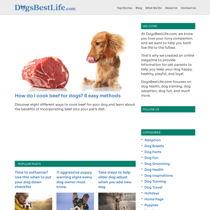 A detailed screenshot showcasing the homepage of dogsbestlife.com, highlighting its main features and design elements.