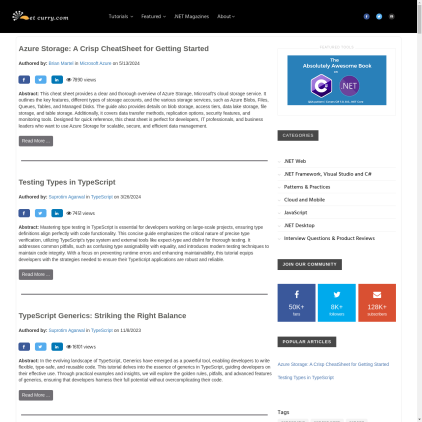 A detailed screenshot showcasing the homepage of dotnetcurry.com, highlighting its main features and design elements.