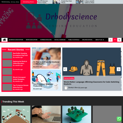 A detailed screenshot showcasing the homepage of drbodyscience.com, highlighting its main features and design elements.