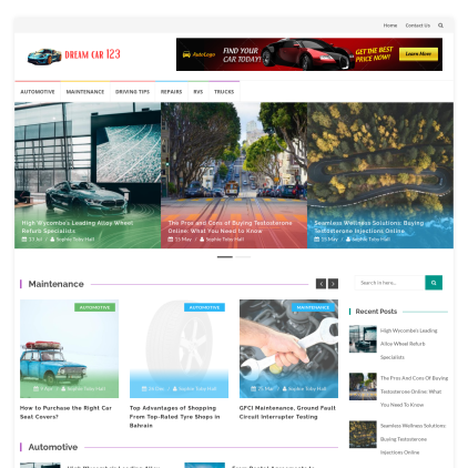 A detailed screenshot showcasing the homepage of dreamcar123.com, highlighting its main features and design elements.