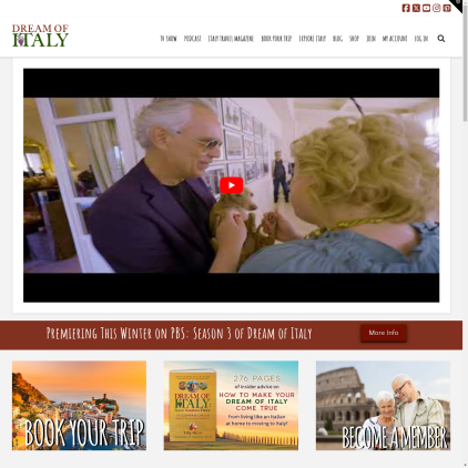 A detailed screenshot showcasing the homepage of dreamofitaly.com, highlighting its main features and design elements.