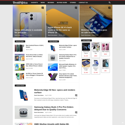 A detailed screenshot showcasing the homepage of droidafrica.net, highlighting its main features and design elements.