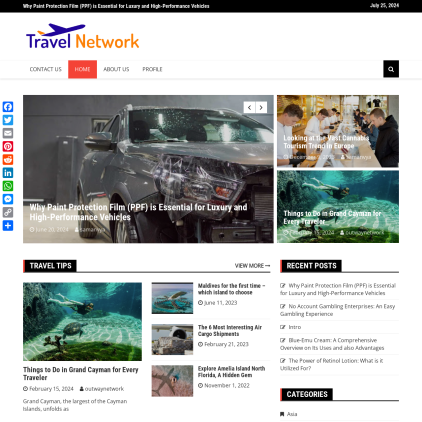 A detailed screenshot showcasing the homepage of dtravelnetwork.com, highlighting its main features and design elements.