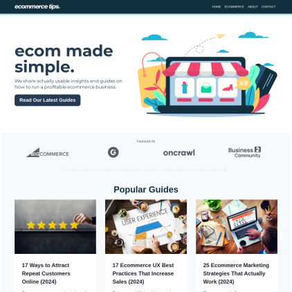 A detailed screenshot showcasing the homepage of ecommercetips.org, highlighting its main features and design elements.