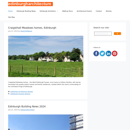 A detailed screenshot showcasing the homepage of edinburgharchitecture.co.uk, highlighting its main features and design elements.