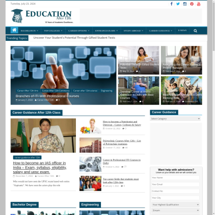 A detailed screenshot showcasing the homepage of educationafter12th.com, highlighting its main features and design elements.