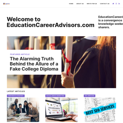 A detailed screenshot showcasing the homepage of educationcareeradvisors.com, highlighting its main features and design elements.