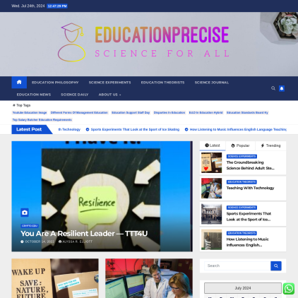 A detailed screenshot showcasing the homepage of educationprecise.com, highlighting its main features and design elements.