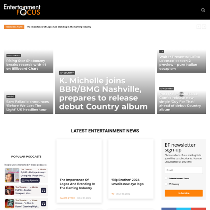 A detailed screenshot showcasing the homepage of entertainment-focus.com, highlighting its main features and design elements.