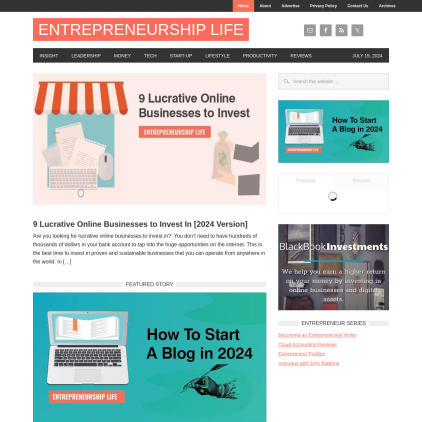 A detailed screenshot showcasing the homepage of entrepreneurshiplife.com, highlighting its main features and design elements.