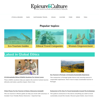 A detailed screenshot showcasing the homepage of epicureandculture.com, highlighting its main features and design elements.