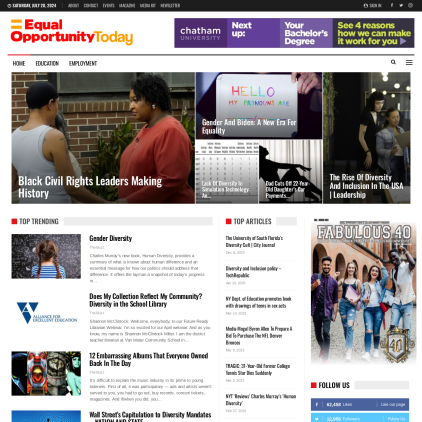 A detailed screenshot showcasing the homepage of equalopportunitytoday.com, highlighting its main features and design elements.