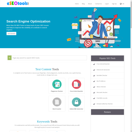 A detailed screenshot showcasing the homepage of eseotools.com, highlighting its main features and design elements.