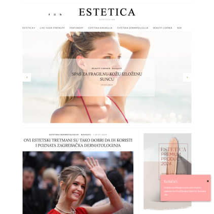 A detailed screenshot showcasing the homepage of estetica.hr, highlighting its main features and design elements.