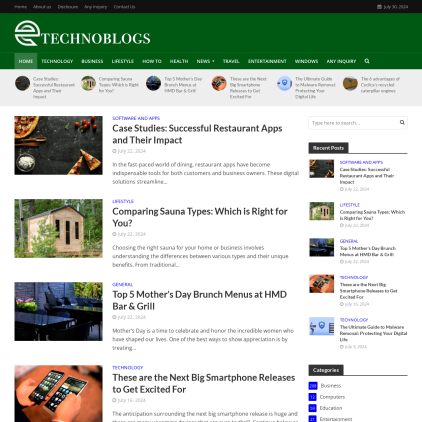 A detailed screenshot showcasing the homepage of etechnoblogs.com, highlighting its main features and design elements.