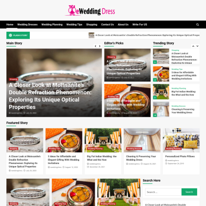 A detailed screenshot showcasing the homepage of eweddingdress.co.uk, highlighting its main features and design elements.