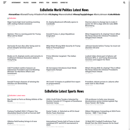 A detailed screenshot showcasing the homepage of exbulletin.com, highlighting its main features and design elements.