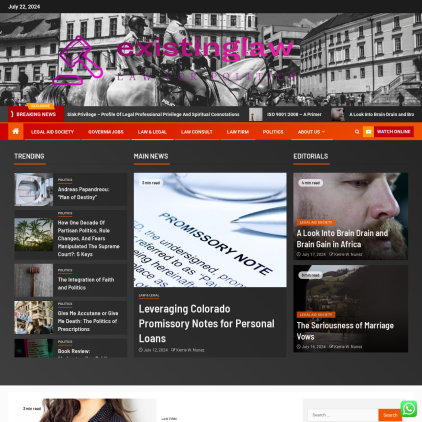 A detailed screenshot showcasing the homepage of existinglaw.com, highlighting its main features and design elements.