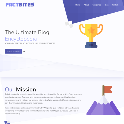 A detailed screenshot showcasing the homepage of factbites.com, highlighting its main features and design elements.