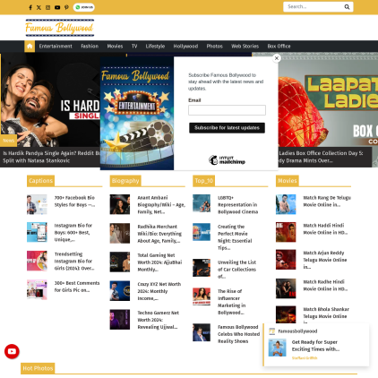 A detailed screenshot showcasing the homepage of famousbollywood.com, highlighting its main features and design elements.