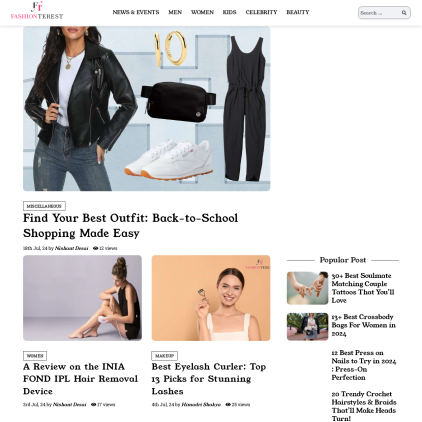 A detailed screenshot showcasing the homepage of fashionterest.com, highlighting its main features and design elements.