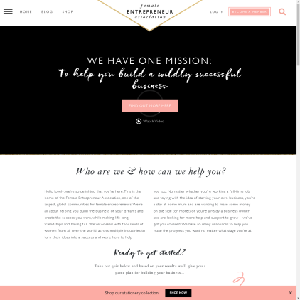 A detailed screenshot showcasing the homepage of femaleentrepreneurassociation.com, highlighting its main features and design elements.