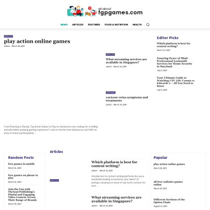 A detailed screenshot showcasing the homepage of fgpgames.com, highlighting its main features and design elements.