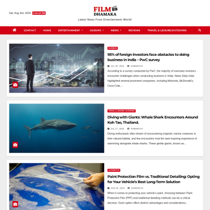 A detailed screenshot showcasing the homepage of filmdhamaka.in, highlighting its main features and design elements.