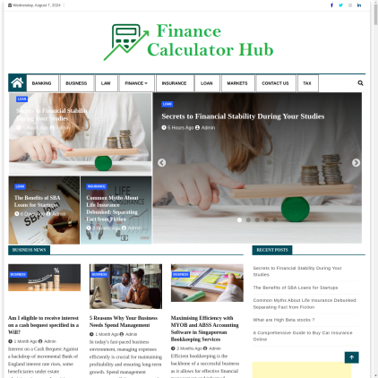 A detailed screenshot showcasing the homepage of financecalculatorhub.com, highlighting its main features and design elements.