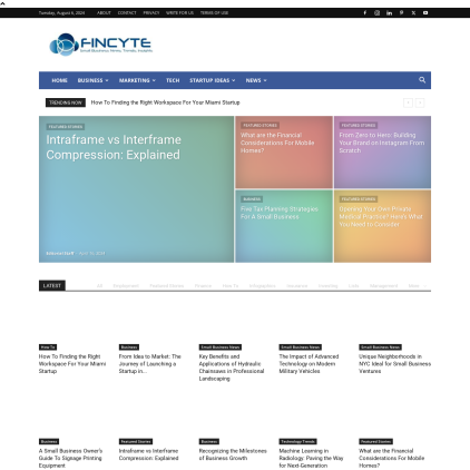 A detailed screenshot showcasing the homepage of fincyte.com, highlighting its main features and design elements.