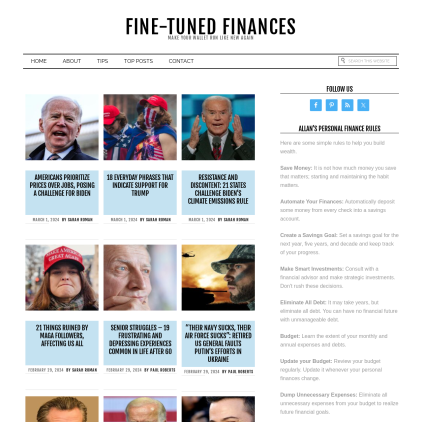 A detailed screenshot showcasing the homepage of finetunedfinances.com, highlighting its main features and design elements.