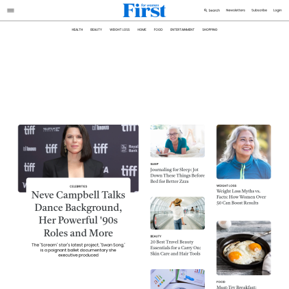 A detailed screenshot showcasing the homepage of firstforwomen.com, highlighting its main features and design elements.