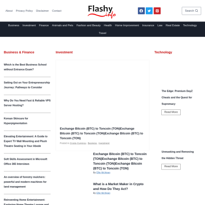 A detailed screenshot showcasing the homepage of flashyinfo.com, highlighting its main features and design elements.