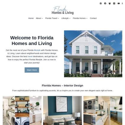 A detailed screenshot showcasing the homepage of floridahomesandliving.com, highlighting its main features and design elements.