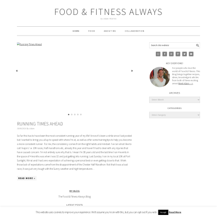 A detailed screenshot showcasing the homepage of foodandfitnessalways.com, highlighting its main features and design elements.