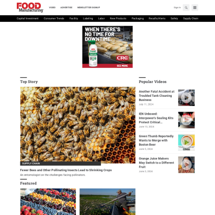 A detailed screenshot showcasing the homepage of foodmanufacturing.com, highlighting its main features and design elements.